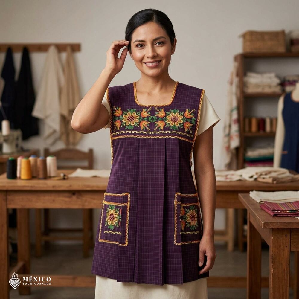 Traditional Mexican Cross-Stitch Embroidered Apron – Deluxe Artisan Smock Style